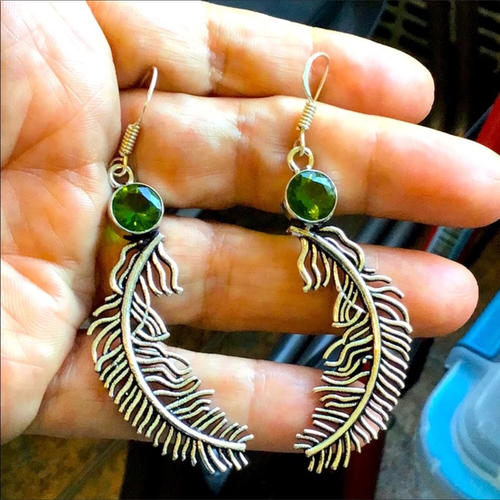 NEW. Artisan Green Peridot Glass 925 Sterling Silver Plated Earrings.